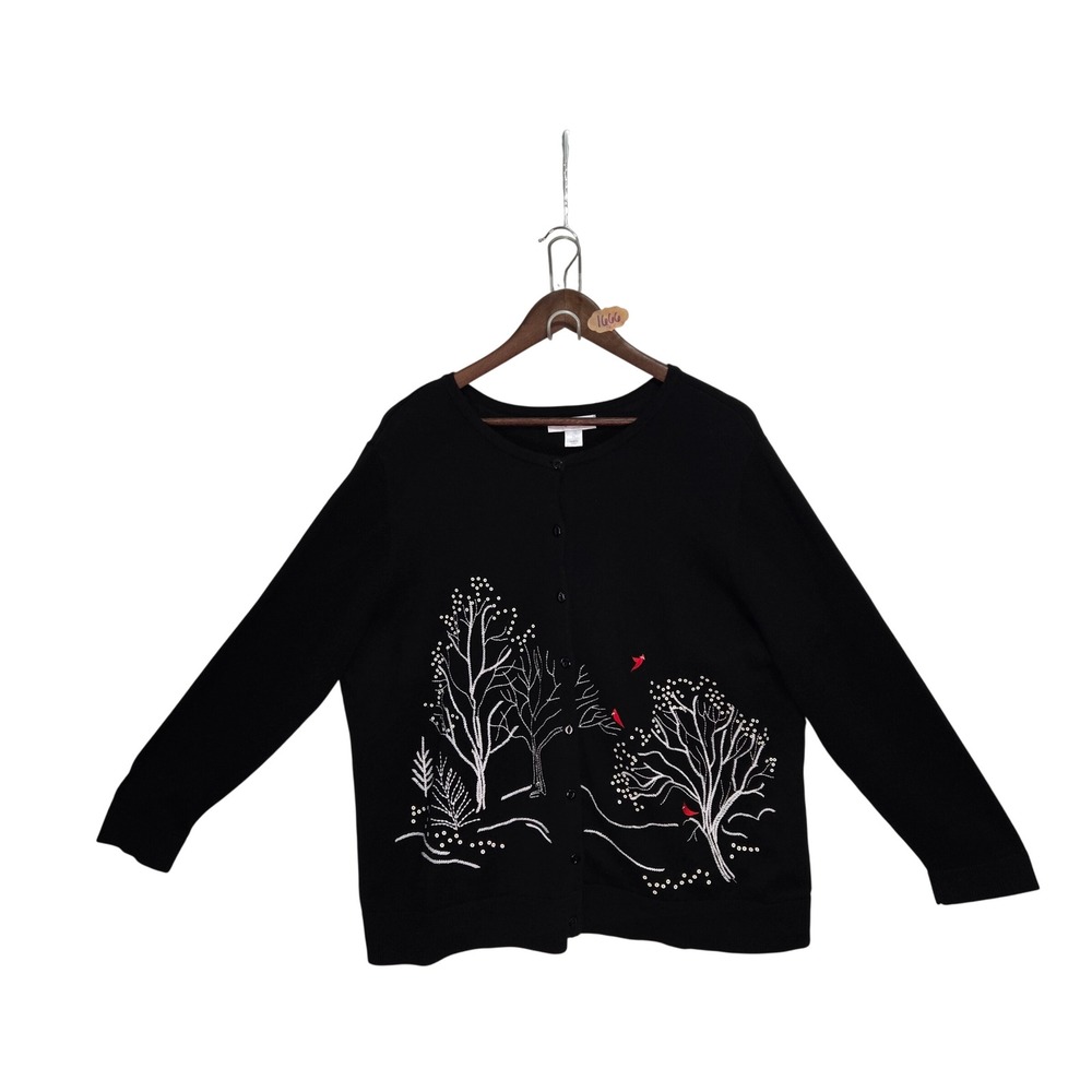 CJ Banks Womens 2X Black Cardigan Sweater Winter Embroidered Trees Cardinals